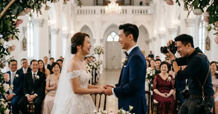 Professional wedding photographer capturing emotional moments of a bride and groom during their actual wedding day in Singapore.