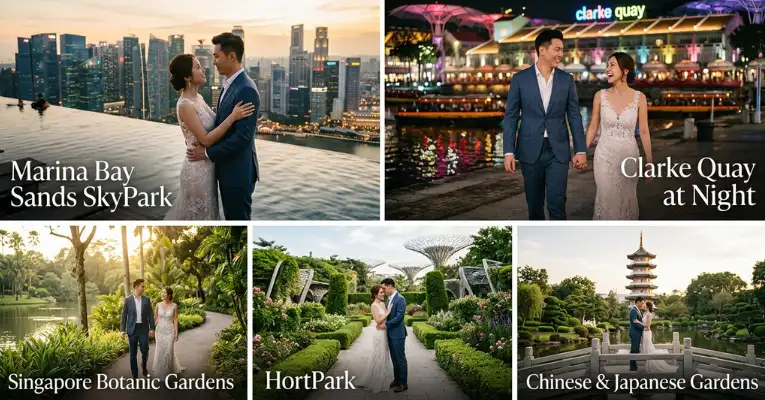 5-panel collage featuring romantic photoshoot locations in Singapore including Marina Bay Sands SkyPark, Clarke Quay at Night, Singapore Botanic Gardens, HortPark, and Chinese & Japanese Gardens.
