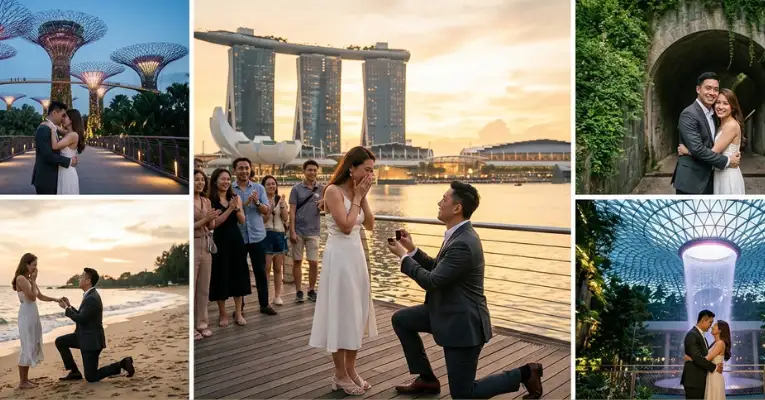5-image collage featuring romantic proposal photoshoot locations in Singapore including Marina Bay Sands, Gardens by the Bay, Fort Canning Park, East Coast Park, and Jewel Changi Airport.