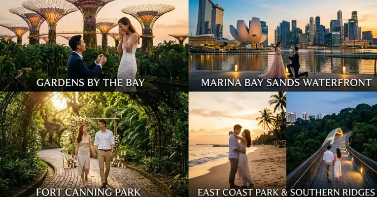 4-panel collage featuring romantic proposal photoshoot locations in Singapore including Gardens by the Bay, Marina Bay Sands Waterfront, Fort Canning Park, and East Coast Park with Southern Ridges.