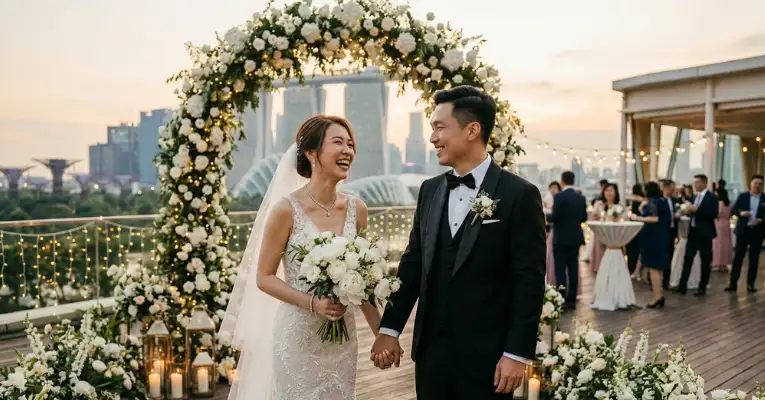 Elegant bride and groom posing during a luxury wedding photoshoot in Singapore with cinematic lighting and romantic atmosphere.