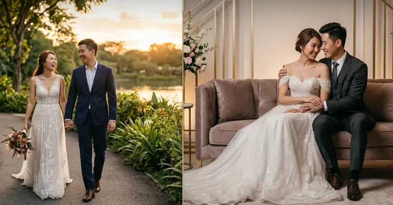 Outdoor vs Studio Pre-Wedding Photoshoot comparison featuring a romantic couple in a natural sunset location and a luxury indoor studio setup.