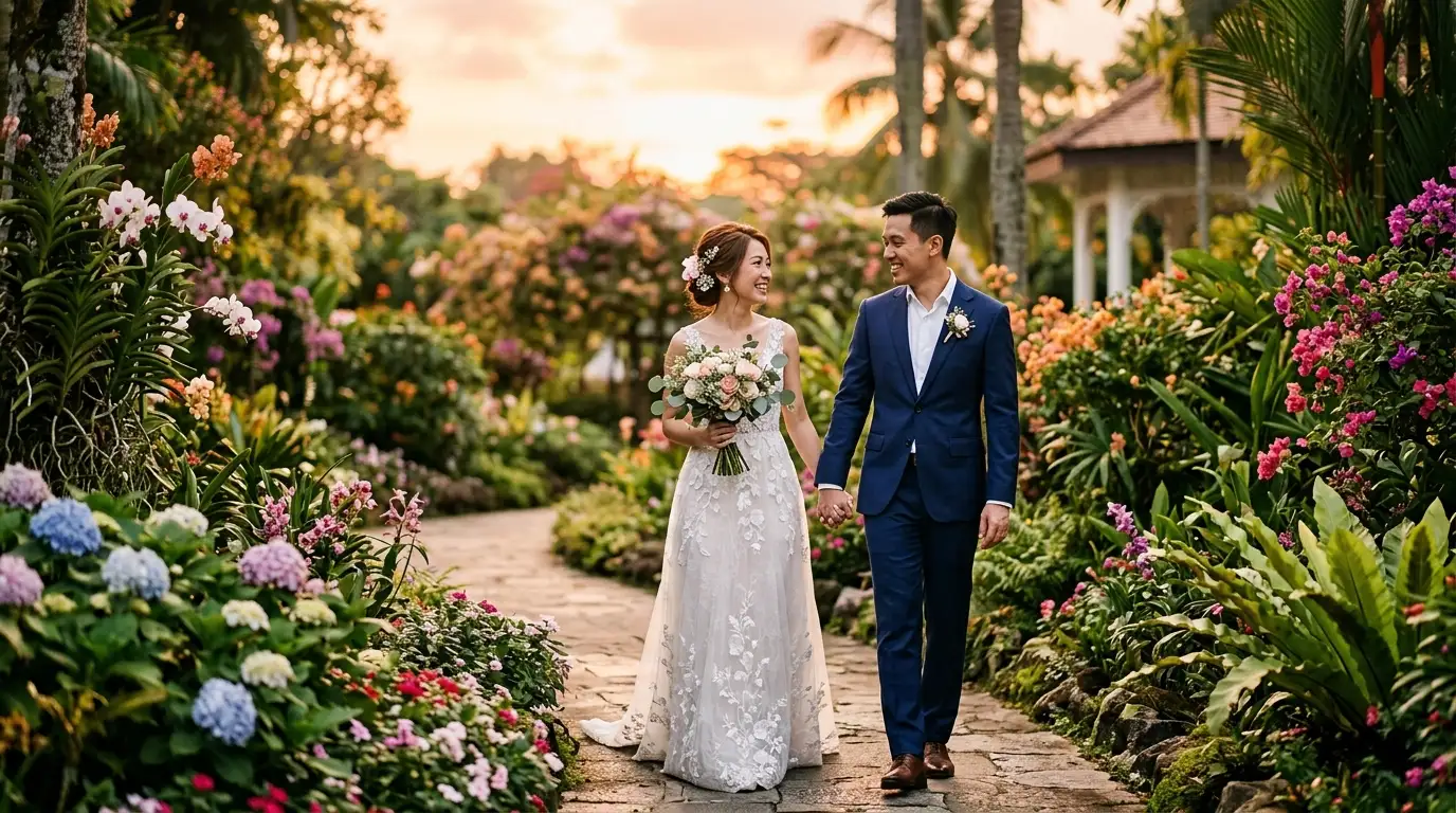 Romantic couple walking hand in hand during an outdoor pre-wedding photoshoot in a garden with golden sunset lighting.
