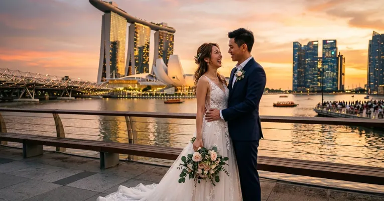 Romantic couple posing during a pre-wedding photoshoot near Marina Bay Singapore at golden sunset hour.
