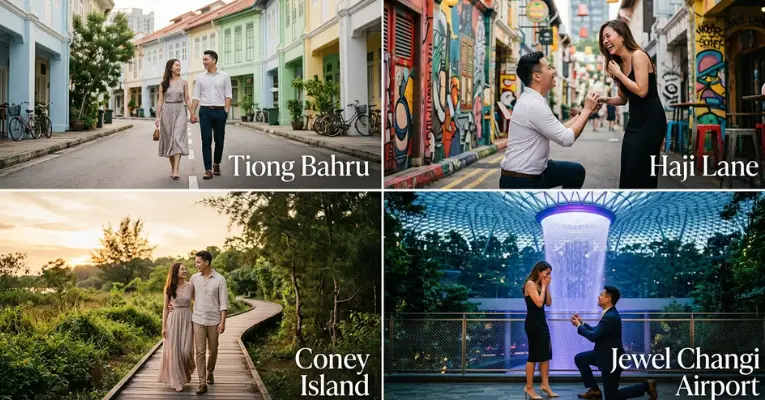 4-panel collage featuring romantic proposal photoshoot locations in Singapore including Tiong Bahru, Haji Lane, Coney Island, and Jewel Changi Airport Rain Vortex.